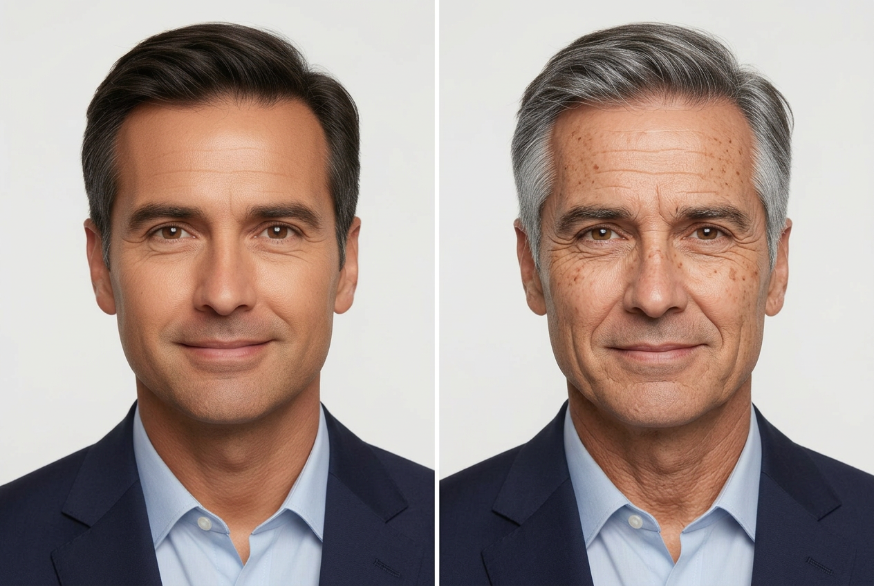 Man before and after using the Screen Presence Kit — enhanced definition and grey temple touches