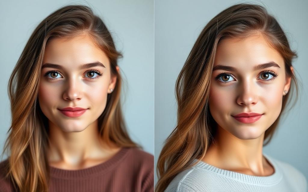 Young woman before and after using the Studio Ready Kit — radiant camera-ready skin